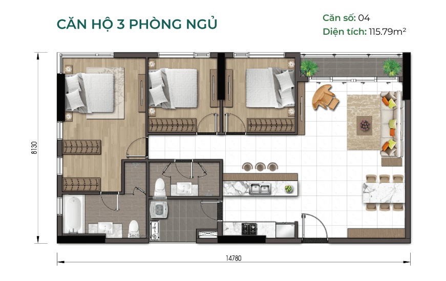 căn hộ 3 phòng ngủ essenia sky