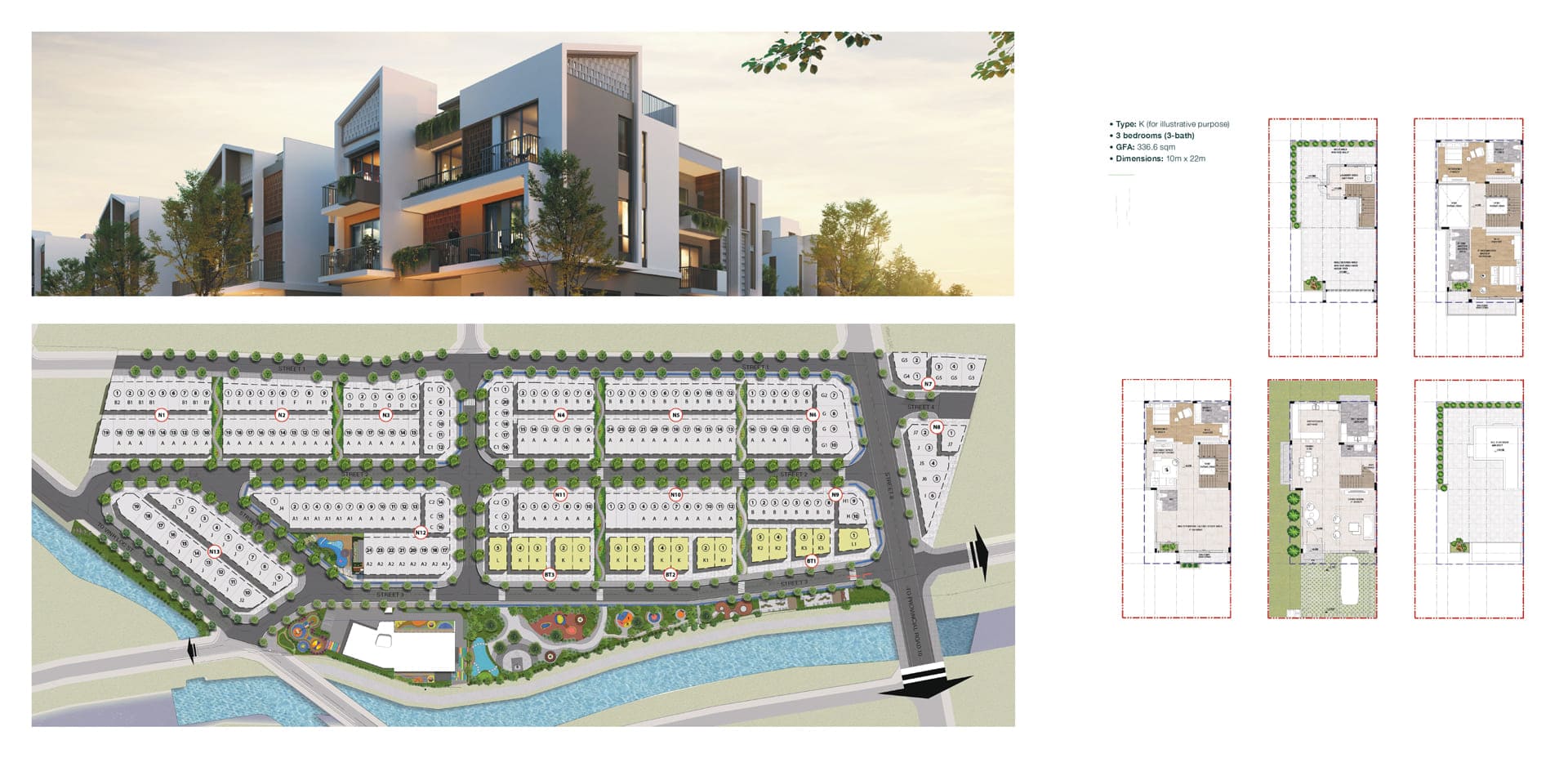 Layout thiết kế biệt thự The Meadow có diện tích đất 220m2 ( 10×22) và diện tích xây dựng 336m2