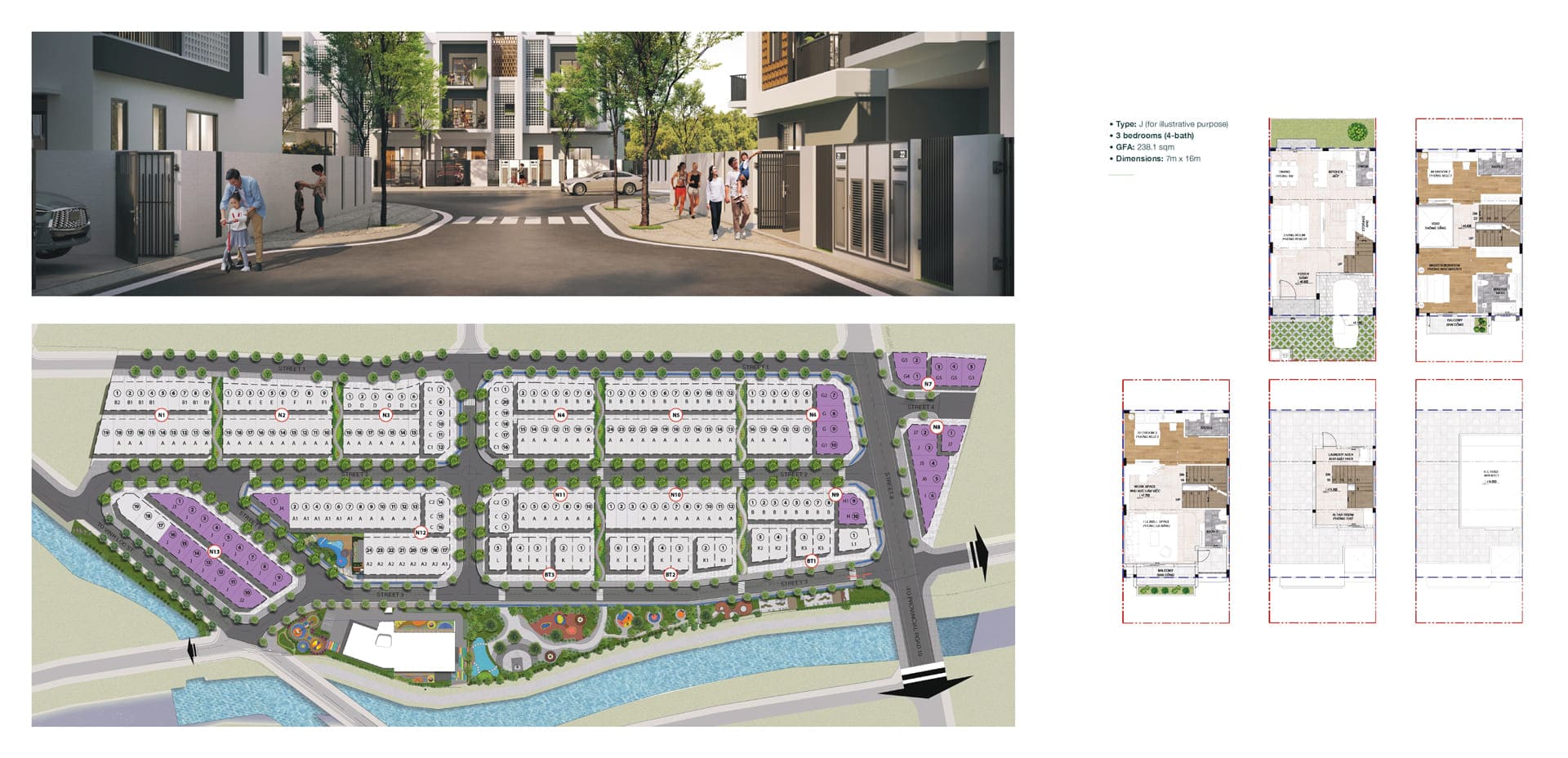 Layout thiết kế nhà phố liên kế the Meadow với diện tích đất 112m2 và diện tích sàn xây dựng 238m2